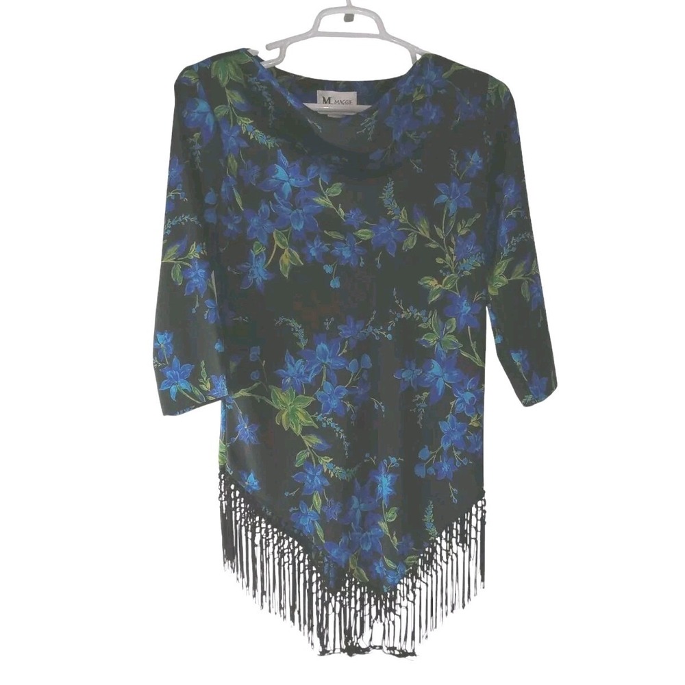 Maggie Sweet Women's Blue and Black Floral Fringe MIni Dress Size Small